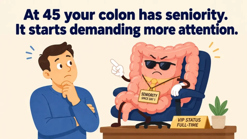 At 45 your colon has seniority. It starts demanding more attention.
