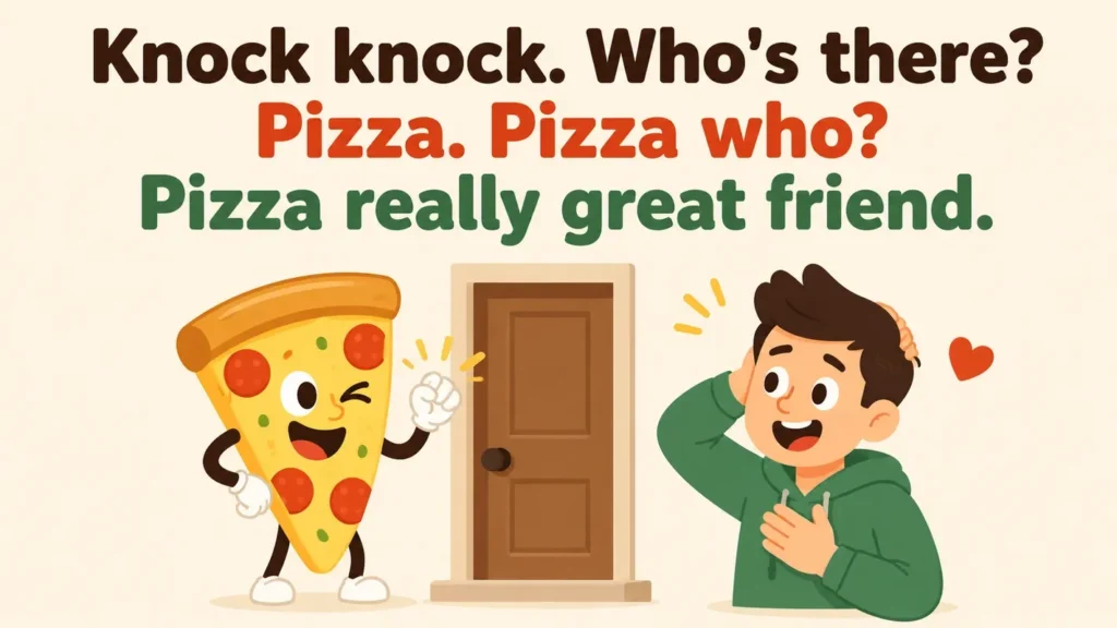 Knock knock. Who's there Pizza. Pizza who Pizza really great friend.Pizza Joke