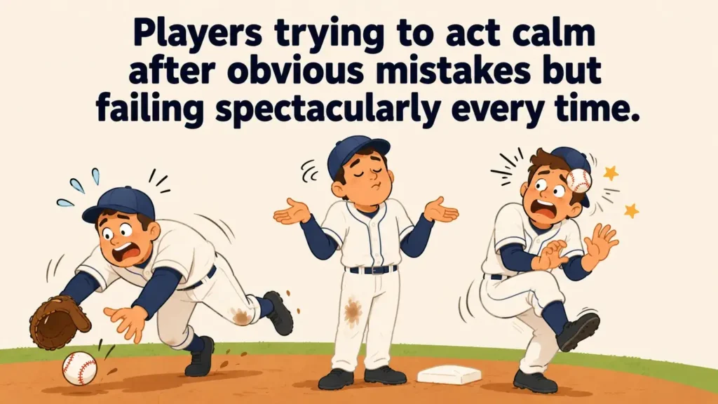 Players trying to act calm after obvious mistakes but failing spectacularly every time