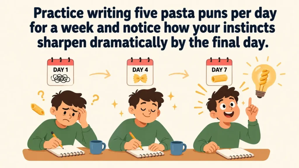 Practice writing five pasta puns per day for a week and notice how your instincts sharpen dramatically by the final day.