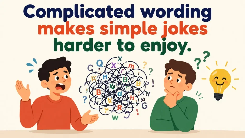 Complicated wording makes simple jokes harder to enjoy.