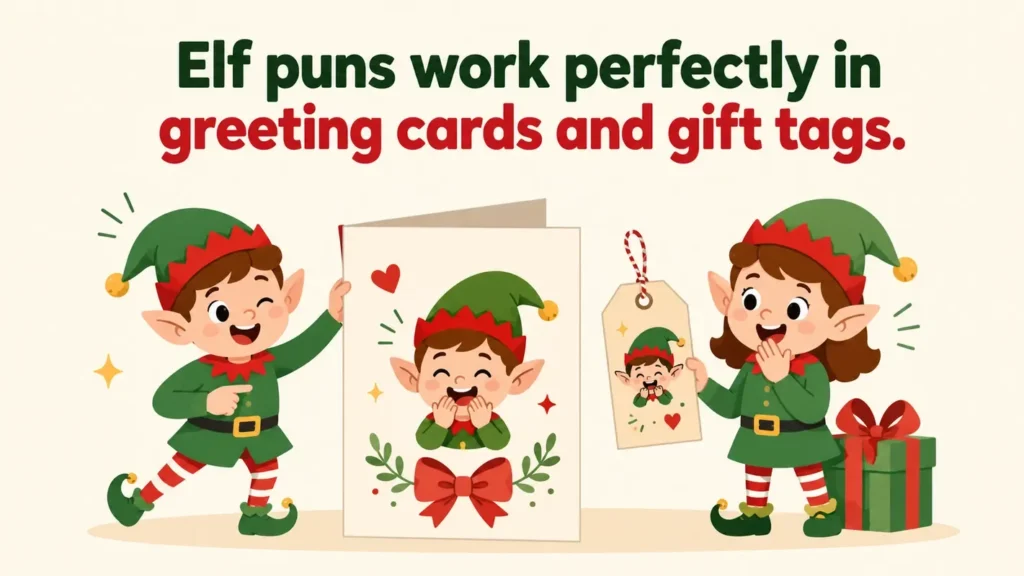 Elf puns work perfectly in greeting cards and gift tags.