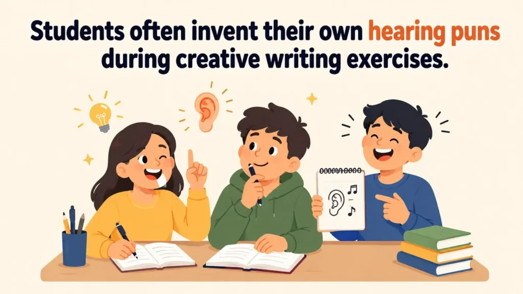 Students often invent their own hearing puns during creative writing exercises.