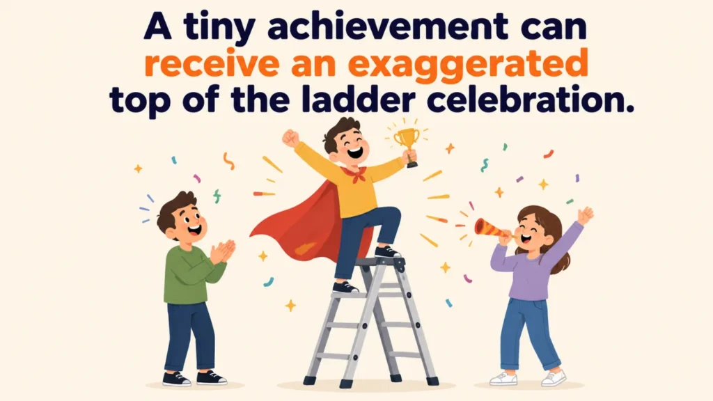 A tiny achievement can receive an exaggerated top of the ladder celebration.