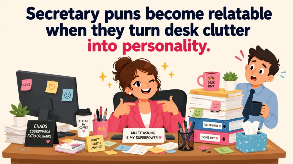 Secretary puns become relatable when they turn desk clutter into personality.