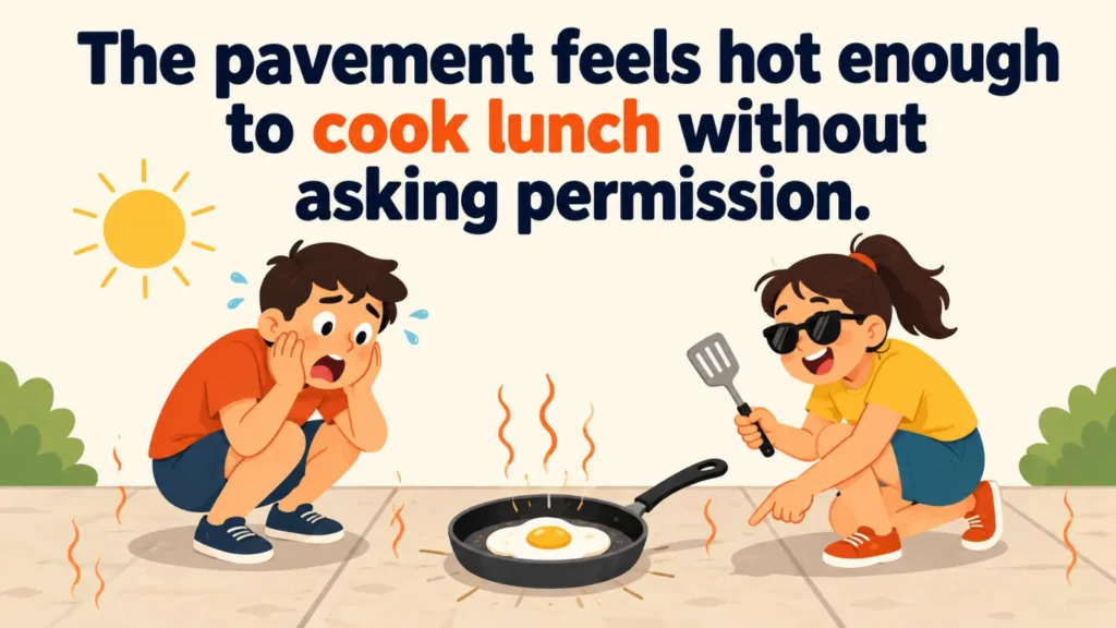 The pavement feels hot enough to cook lunch without asking permission.
