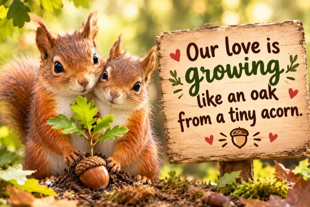 Two adorable squirrels cuddling beside a tiny oak seedling, with a wooden sign reading “Our Love Is Growing Like an Oak from a Tiny Acorn.”