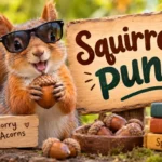 Funny squirrel wearing sunglasses holding an acorn beside a wooden “Squirrel Puns” sign in an autumn woodland setting.