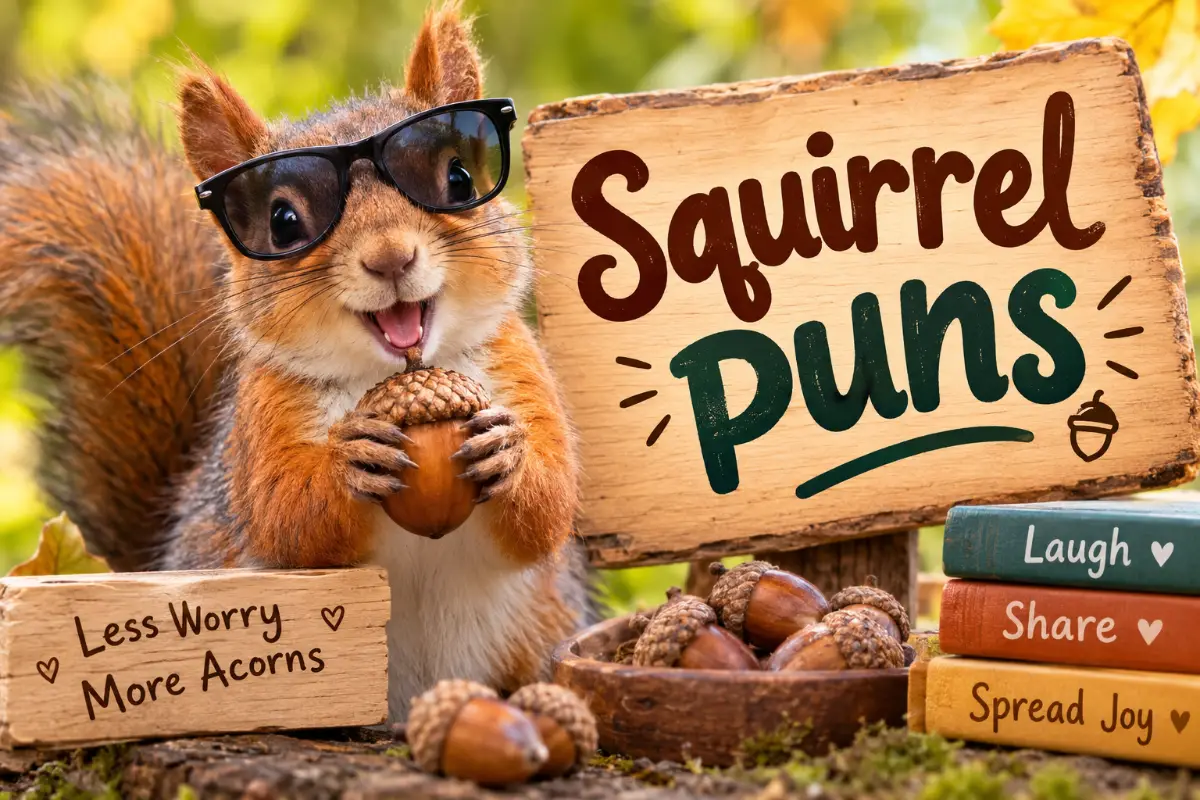 Funny squirrel wearing sunglasses holding an acorn beside a wooden “Squirrel Puns” sign in an autumn woodland setting.